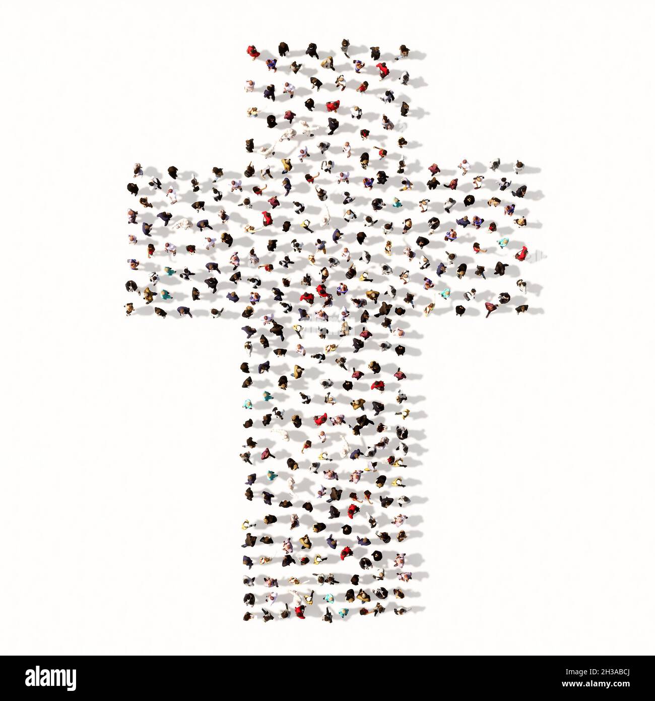 Concept or conceptual large community  of people forming the image of a religious christian cross. A 3d illustration metaphor for God, Christ Stock Photo