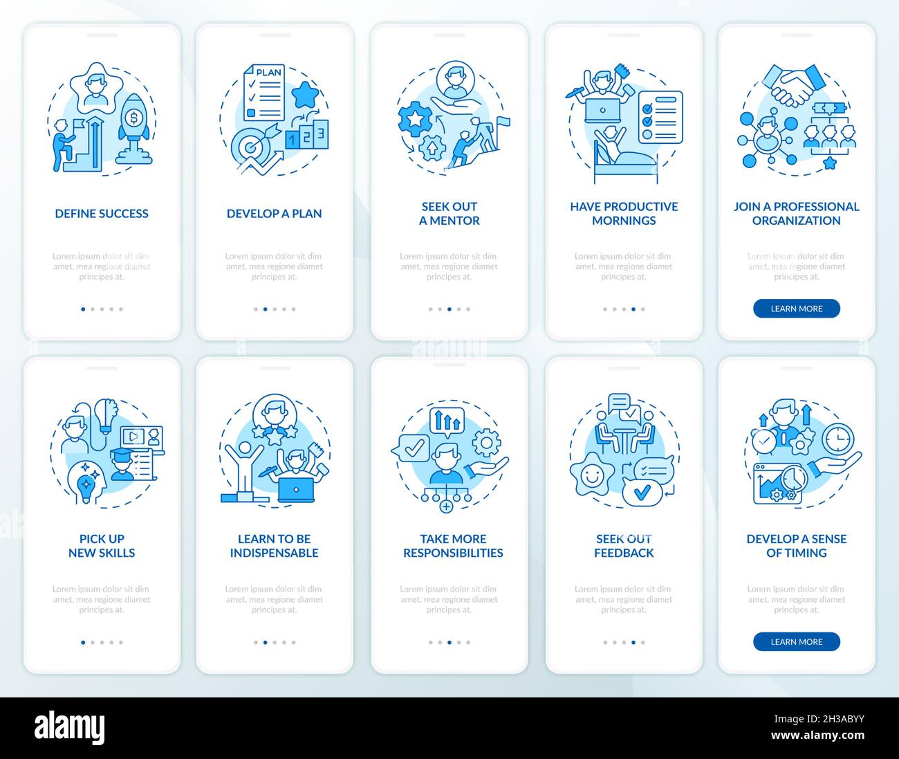 Career development blue onboarding mobile app page screen set Stock Vector
