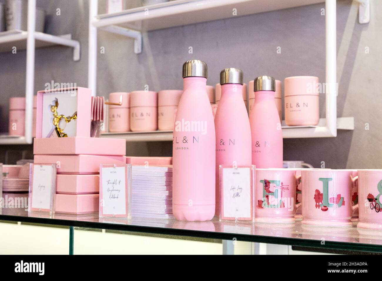 Pink merchandise at EL&N Cafe Brompton Road, London, UK Stock Photo