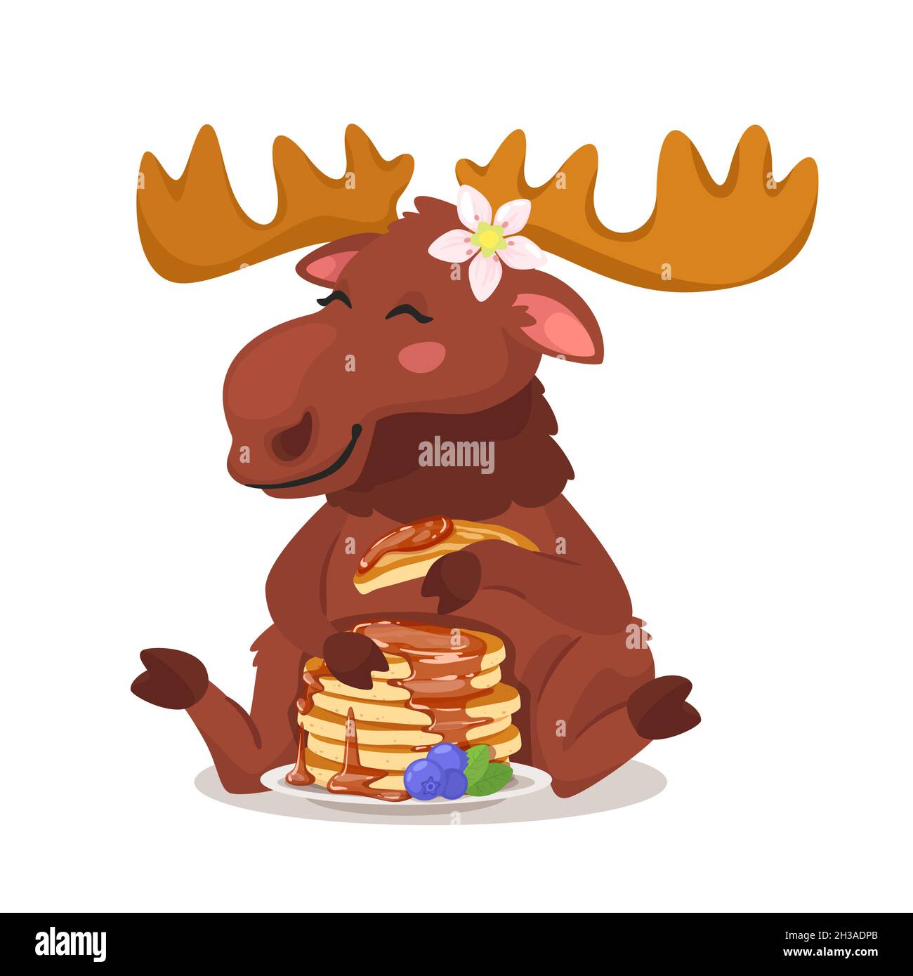 Cute elk eating pancakes with maple syrup. Stock Vector