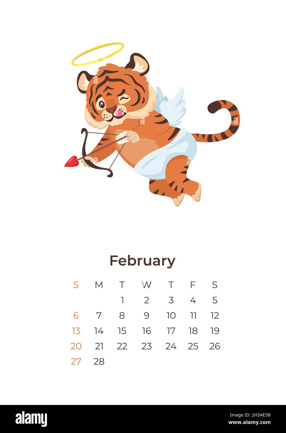 cartoon tiger February 2022 calendar A4 format template. Stock Vector