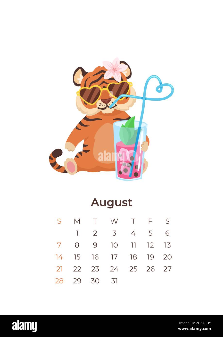 Cartoon Tiger August 2022 Calendar A4 Format Template Stock Vector Image & Art - Alamy