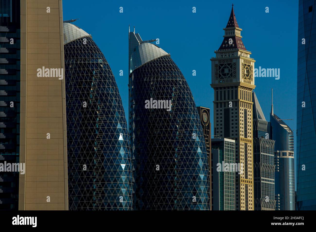 UNITED ARAB EMIRATES. DUBAI. TRADE CENTER DISTRICT. DAMAC PARK TOWERS ON THE LEFT AND AL YAQOUB TOWER ON THE RIGHT. Stock Photo