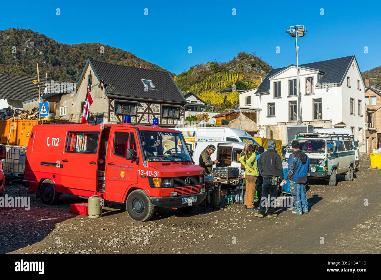 Flood disaster in 2021 in the Ahr valley, Mayschoß, Germany. A group of volunteer firefighters has come from another part of Germany to help feed the villagers Stock Photo
