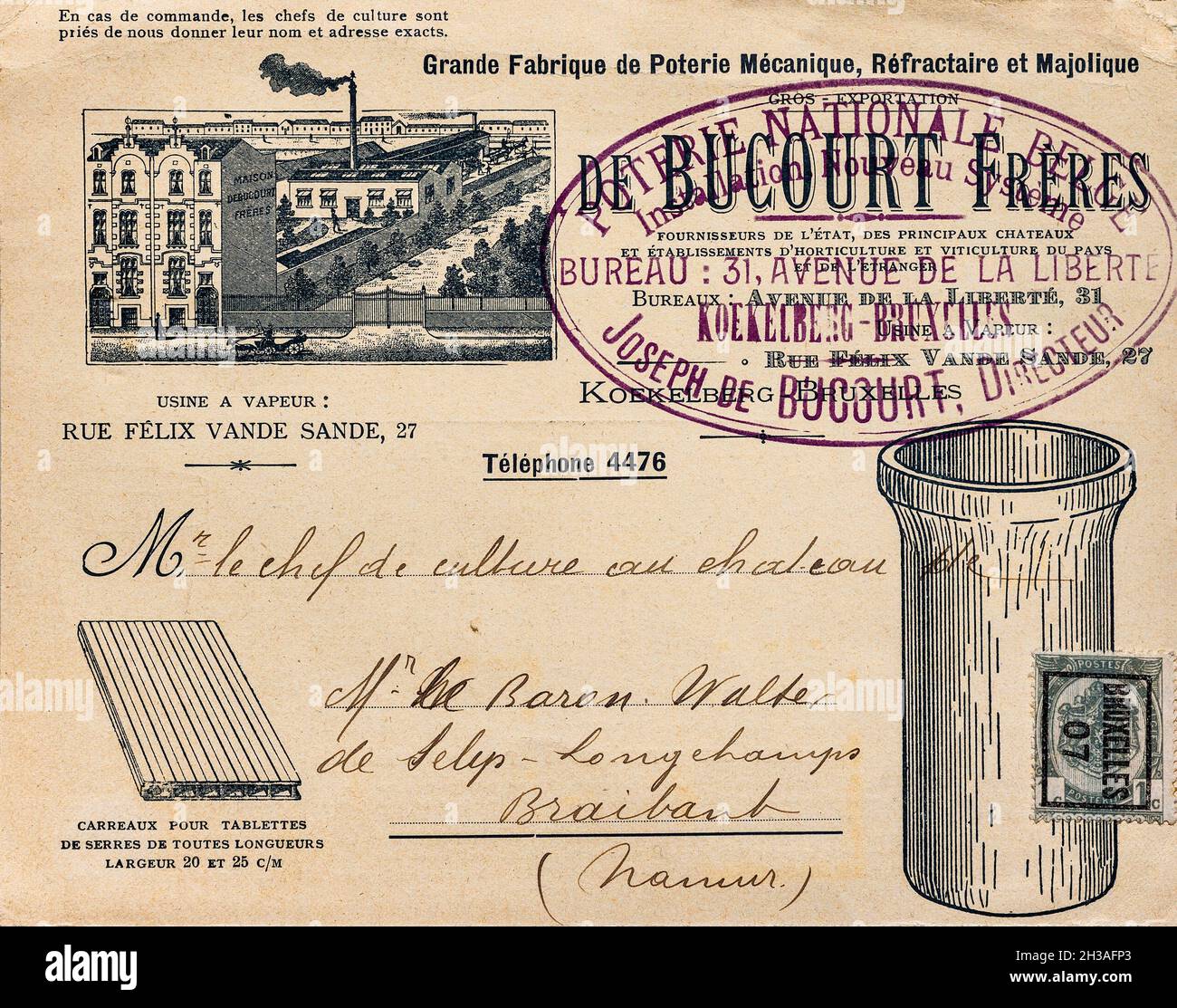 1907 Belgian commercial illustrated advertising postcard for fired clay products - Brussels, Belgium. Stock Photo