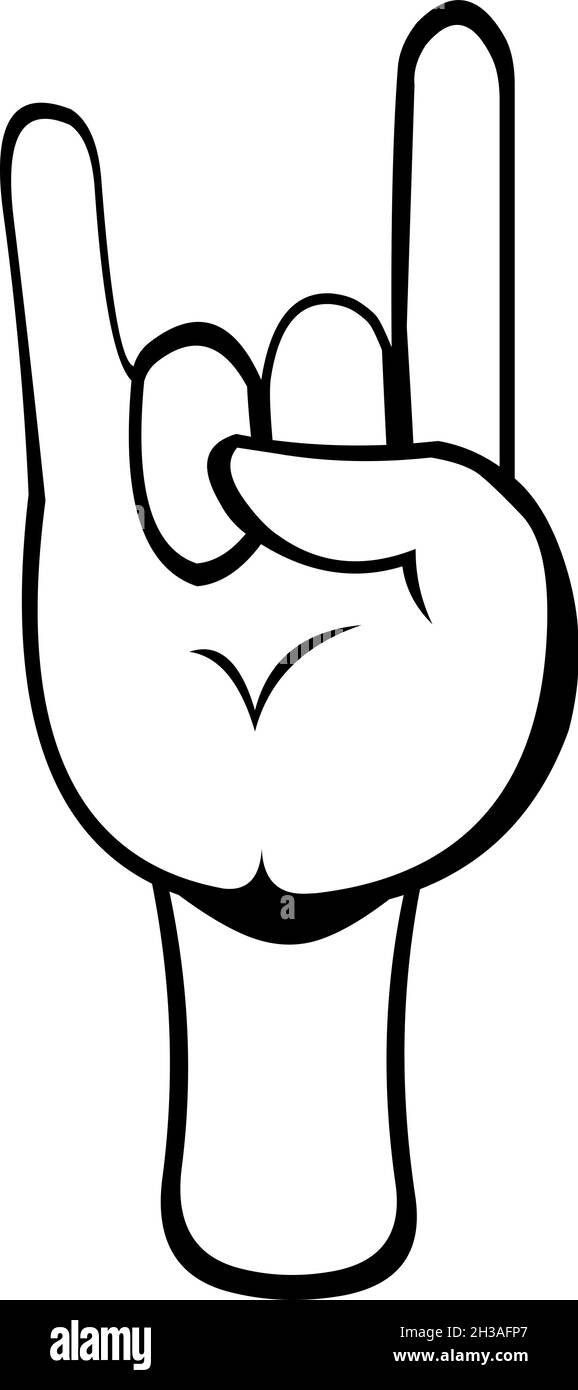 Vector illustration of a hand making a horns gesture, with outlines drawn in black and white Stock Vector