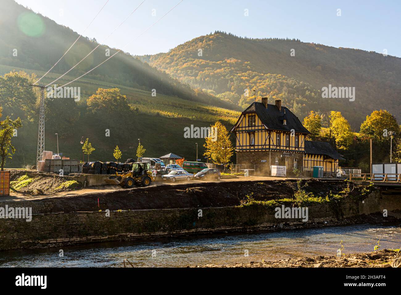 Flood disaster in 2021 in the Ahr valley, Mayschoß, Germany. Almost all houses in the village are uninhabitable and there has been no running water in the houses for months. The station is out of service because the railroad tracks have been washed away Stock Photo
