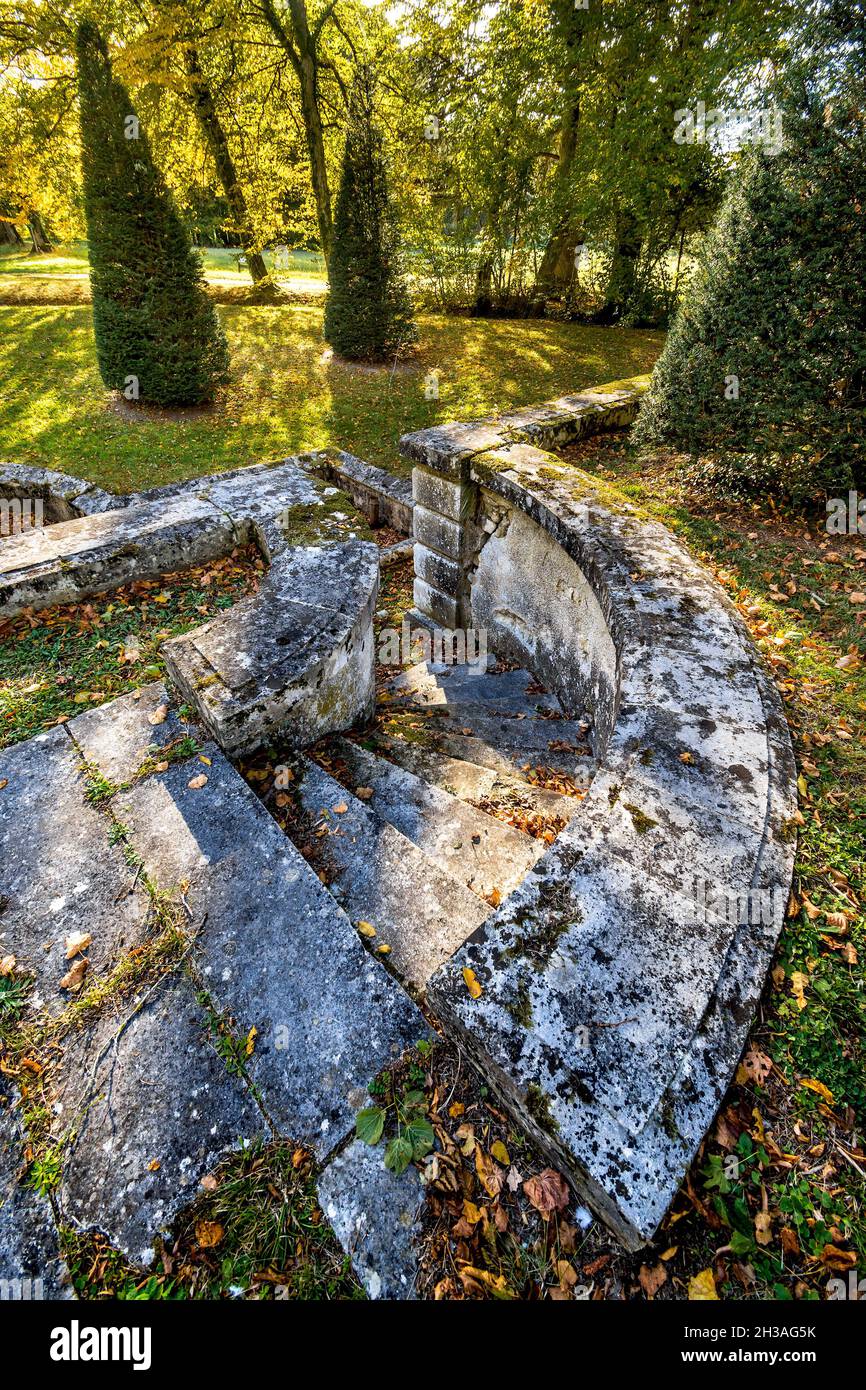 Curved stone steps in parkland of the Chateau Azay-le-Ferron, Indre (36), France. Stock Photo