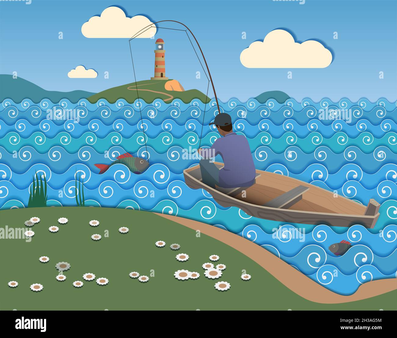 A fisherman on a boat caught a big fish. Vector Stock Photo - Alamy