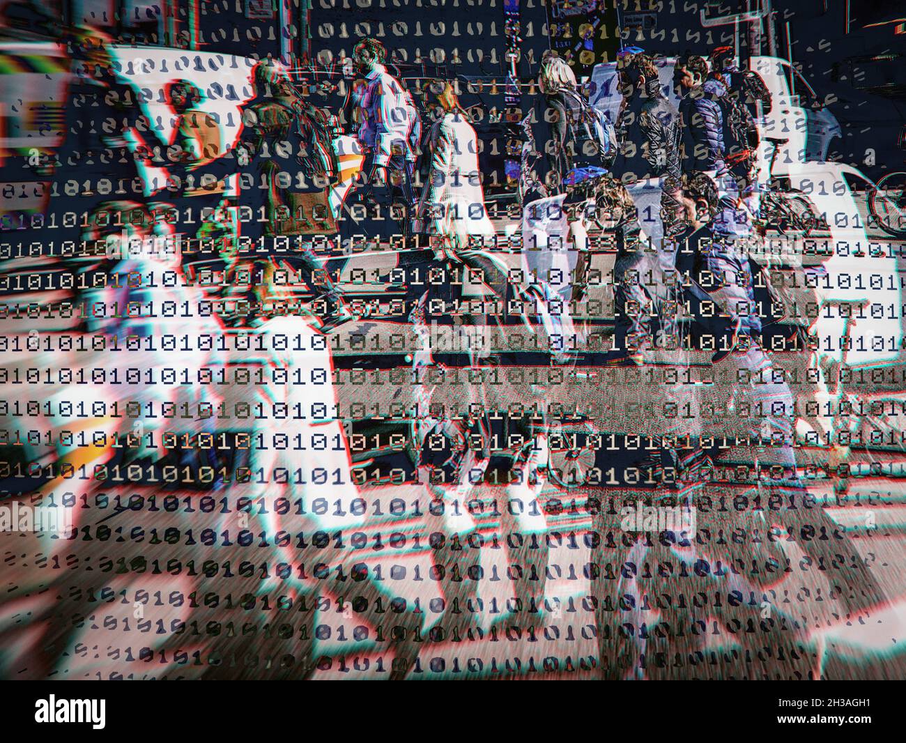 Multiple exposures of Commuters on their way to work, Waterloo Station, Binary code overlay Stock Photo
