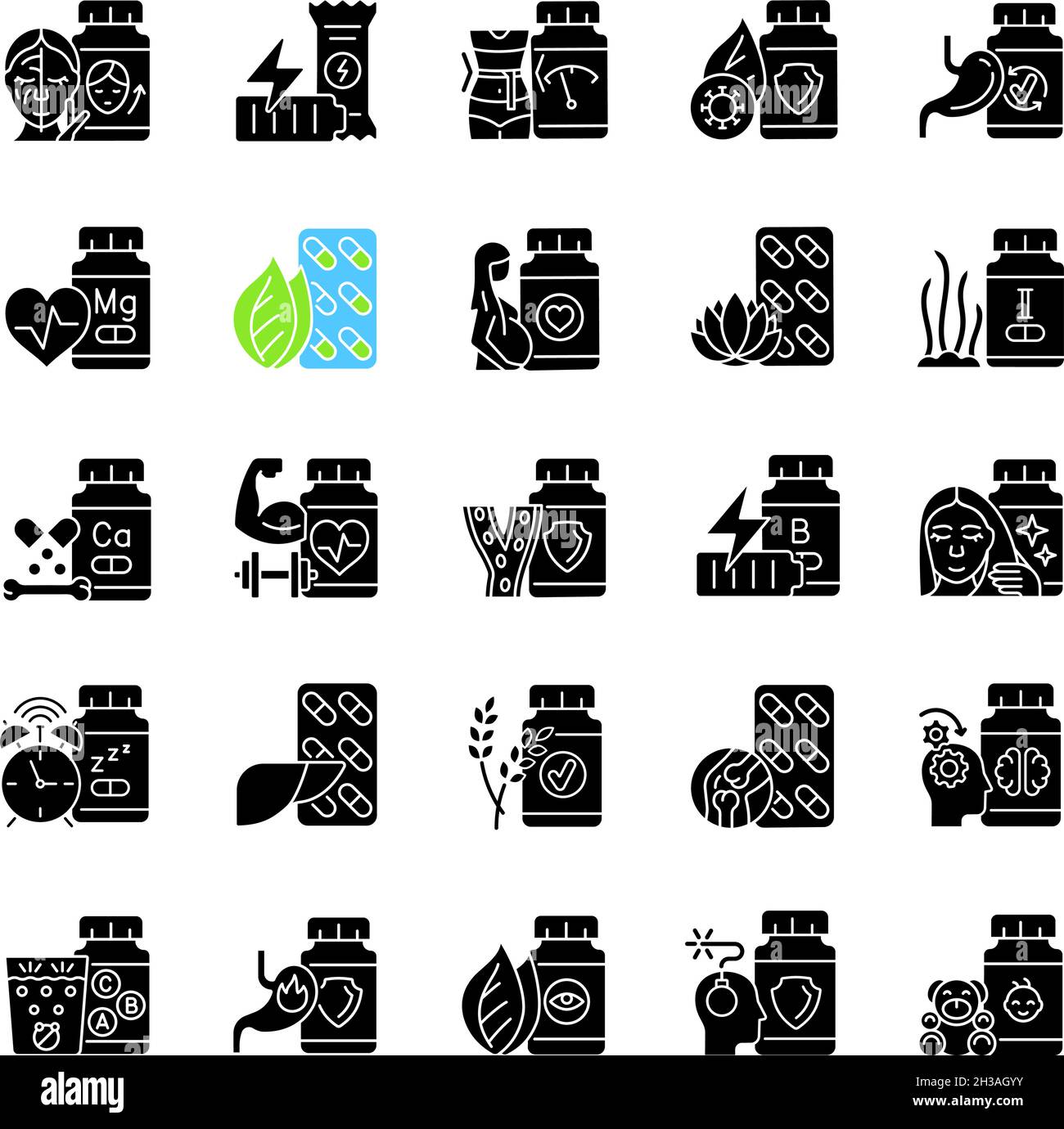 Food supplements black glyph icons set on white space Stock Vector ...
