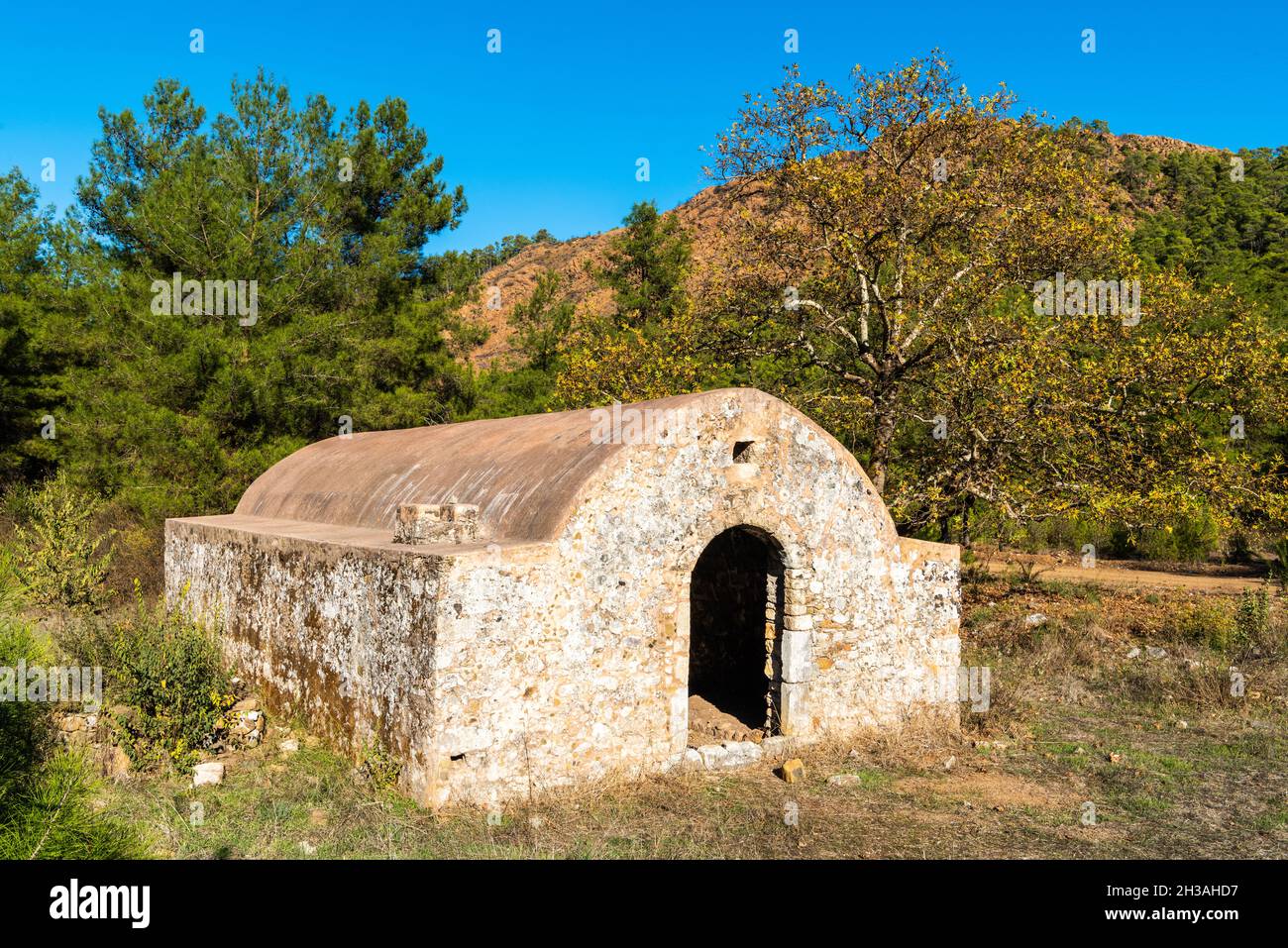 Historic stone structure known as Tashan, near Marmaris in Mugla province of Turkey. It was built by the Suleyman the Magnificent in 1552. Stock Photo