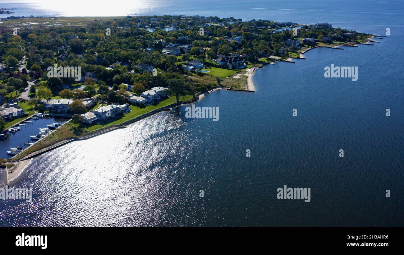 Aerial view of Bayshore looking out to the sea, New York Stock Photo