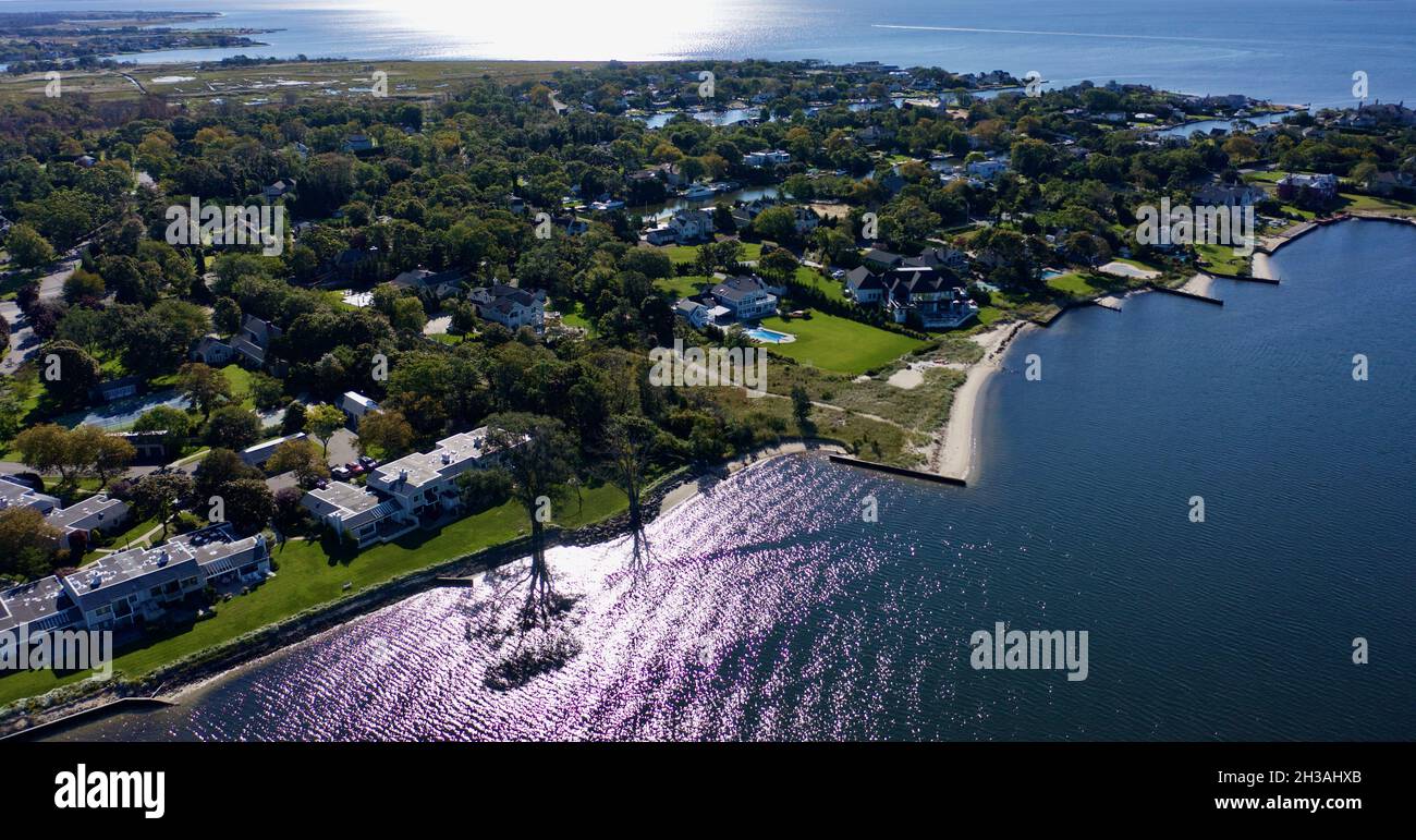 Aerial view of Bayshore looking out to the sea, New York Stock Photo