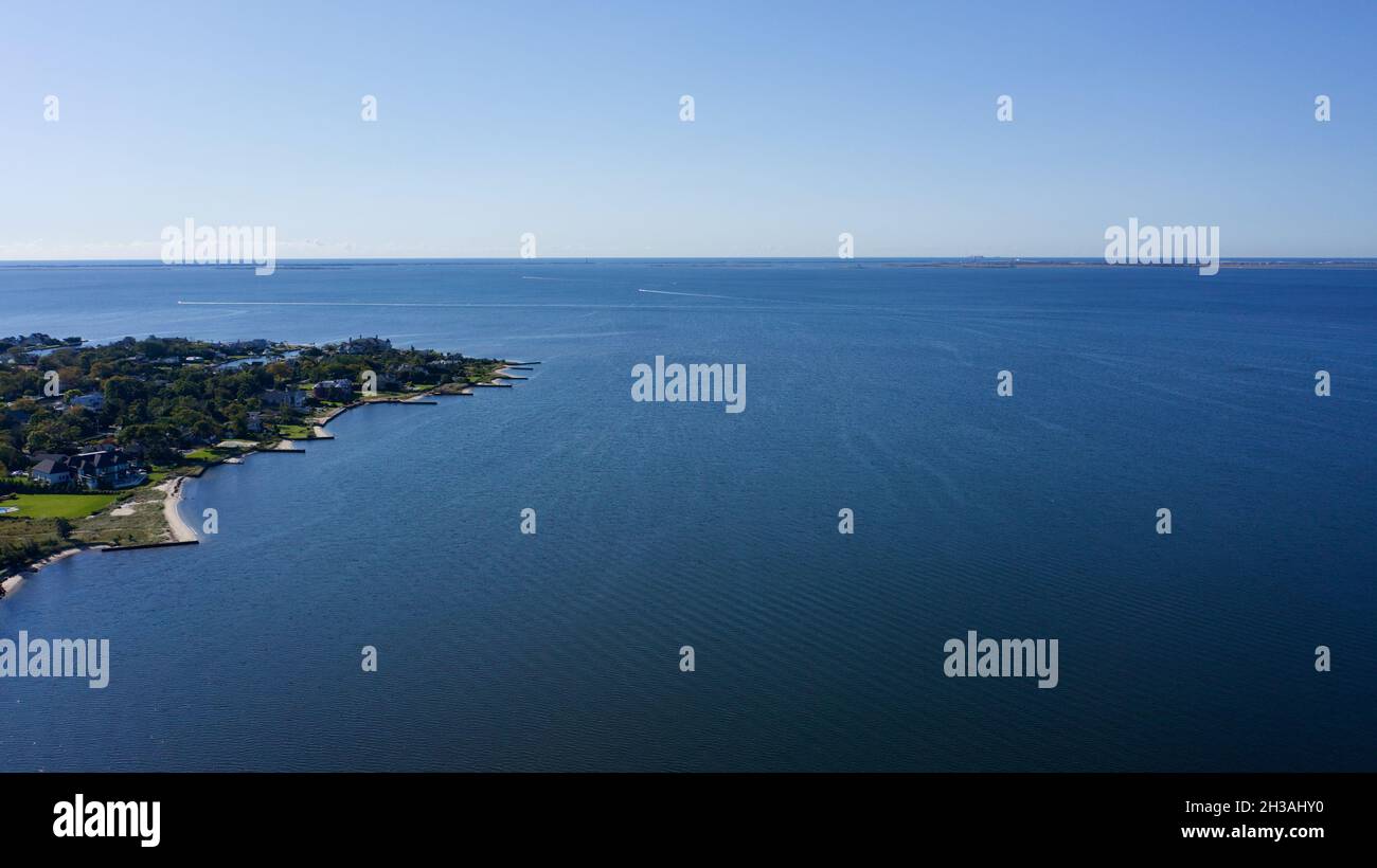 Aerial view of Bayshore looking out to the sea, New York Stock Photo