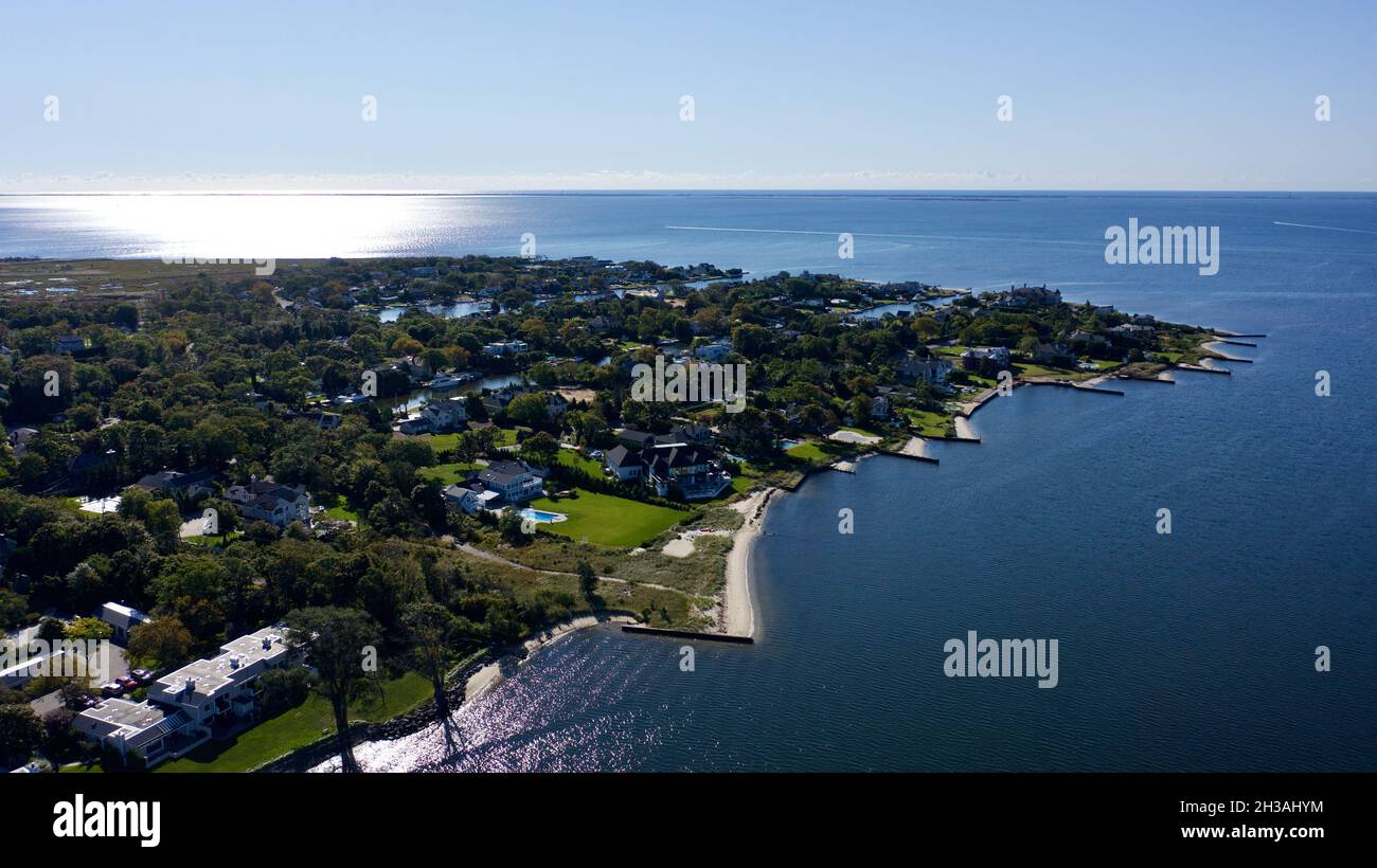Aerial view of Bayshore looking out to the sea, New York Stock Photo