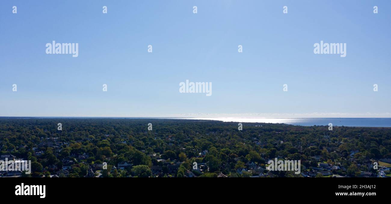 Aerial view of Bayshore looking out to the sea, New York Stock Photo