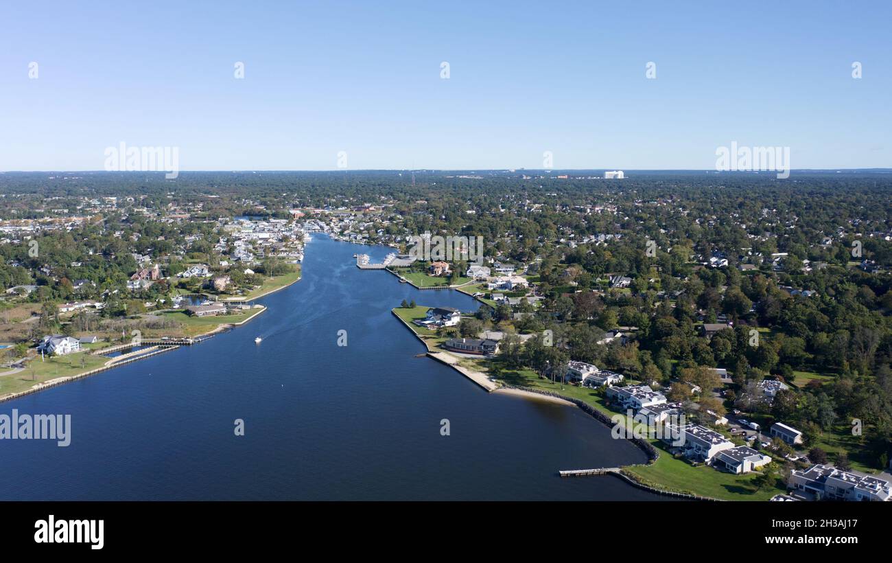 Aerial view of Bayshore looking out to the sea, New York Stock Photo