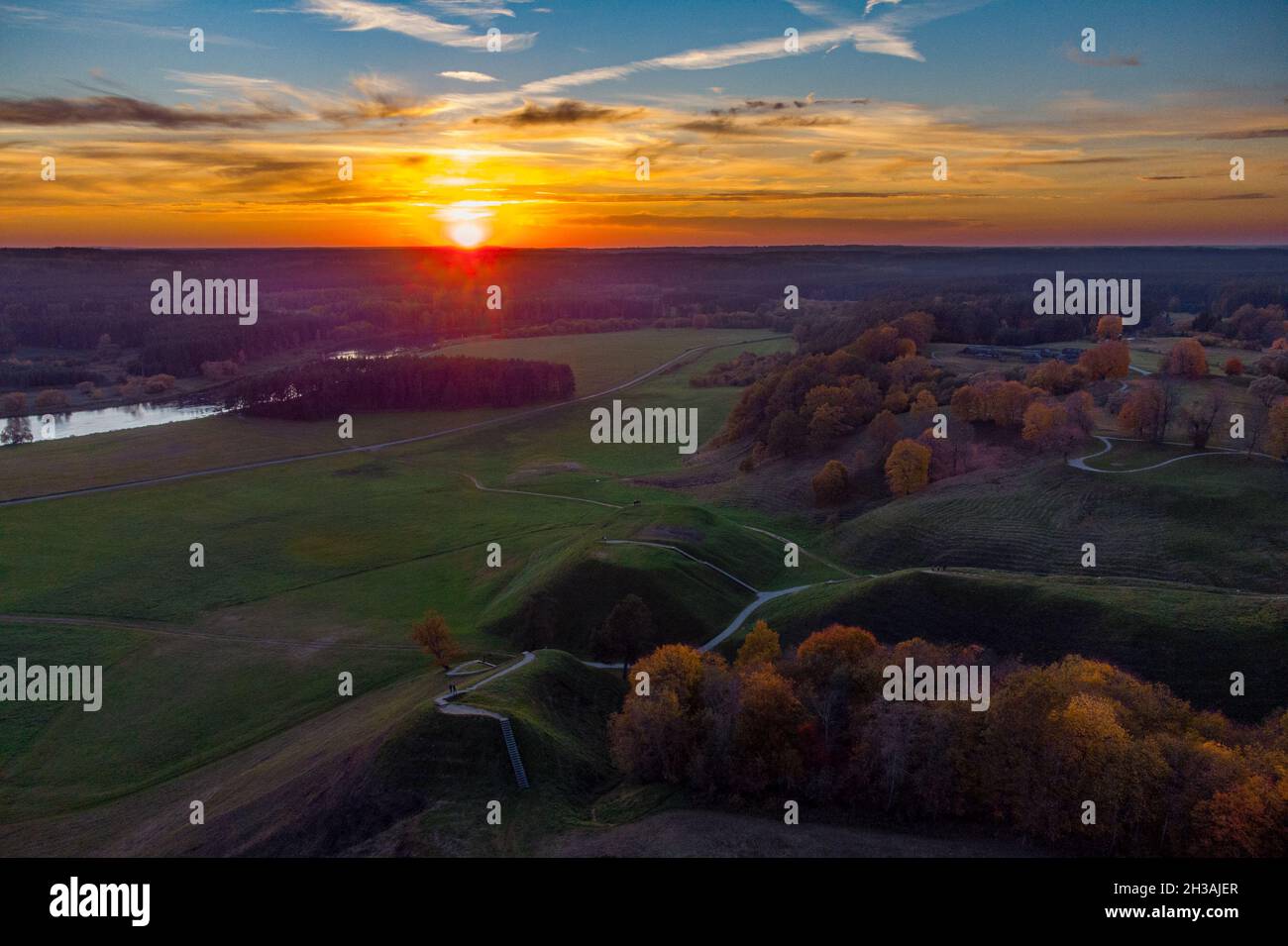 Sunset over Kernavė in the Autumn Stock Photo
