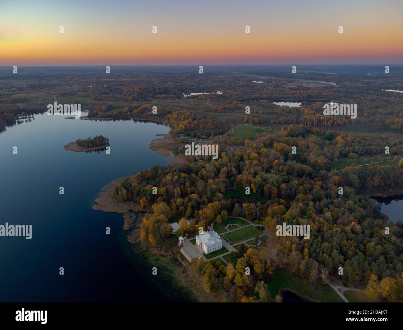 Sunset over the Užutrakis Palace near Trakai, Lithuania Stock Photo