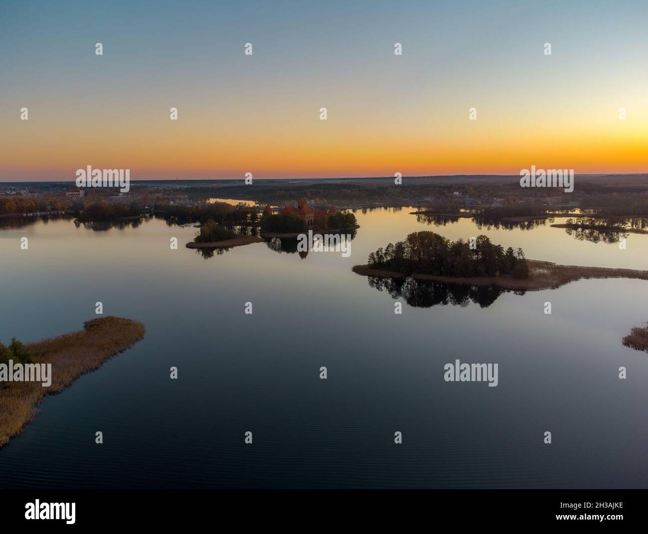 Sunset over the Užutrakis Palace near Trakai, Lithuania Stock Photo