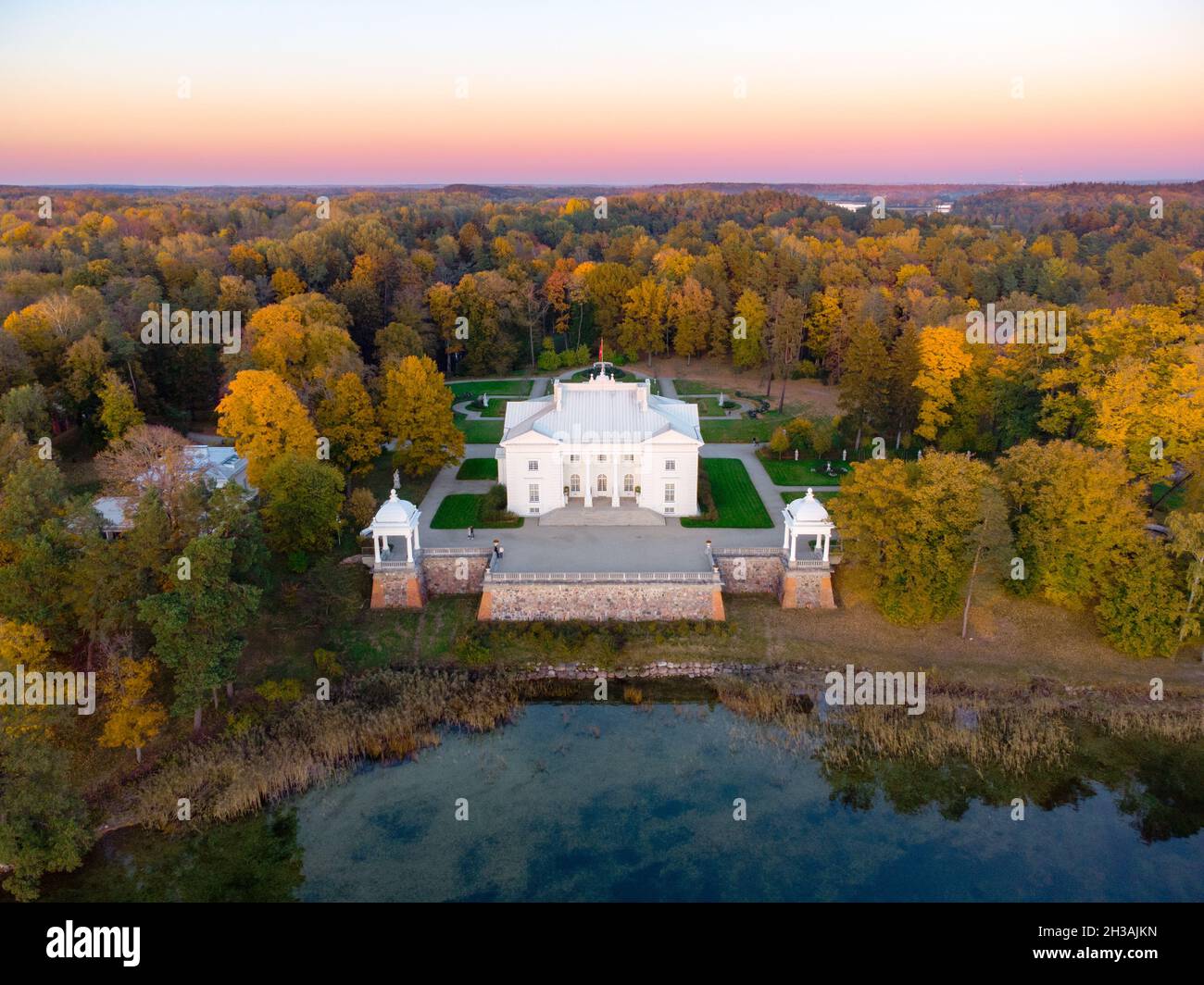 Sunset over the Užutrakis Palace near Trakai, Lithuania Stock Photo