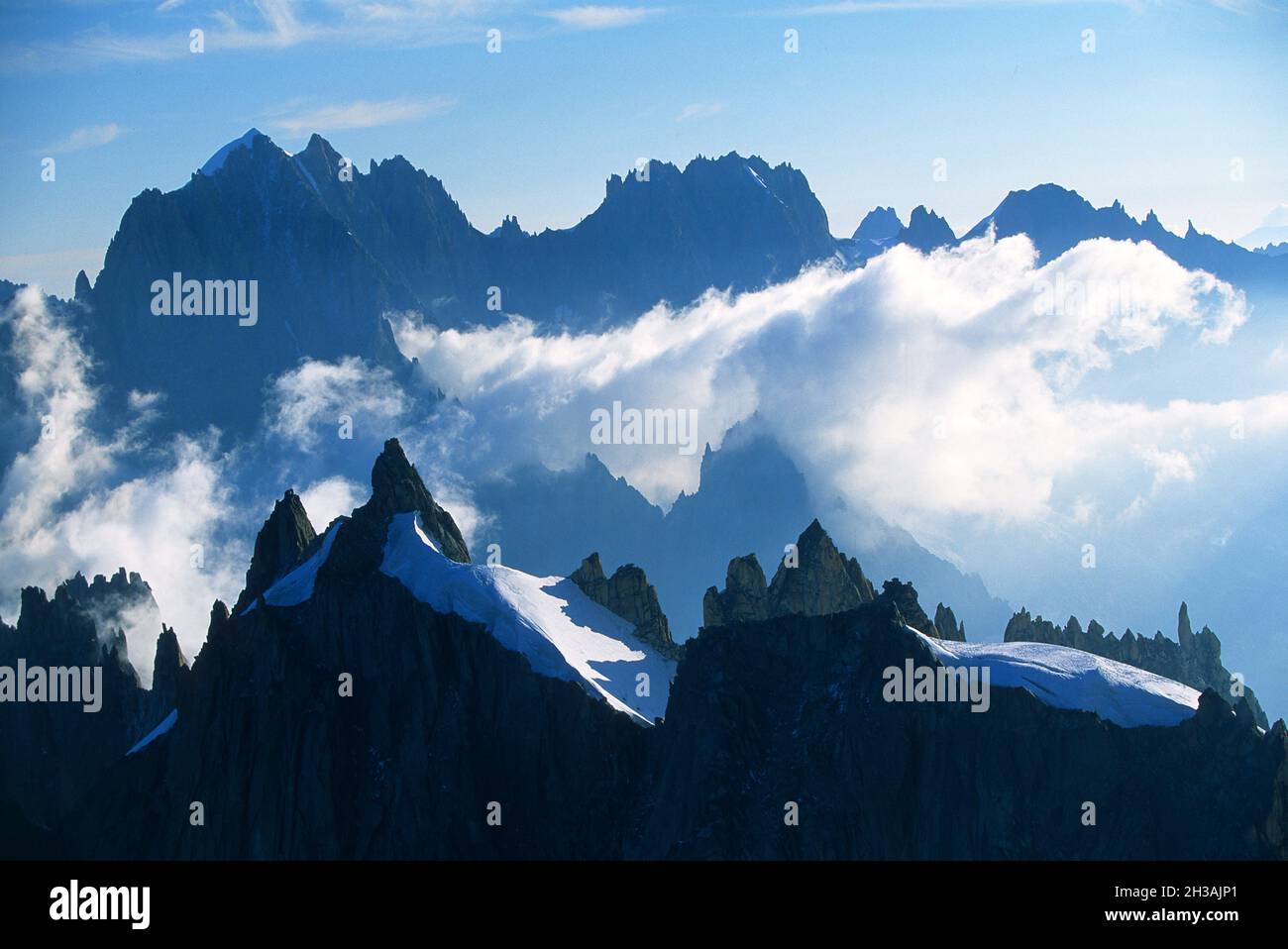 FRANCE. HAUTE-SAVOIE (74) NEEDLES OF CHAMONIX FROM THE AIGUILLES DU MIDI Stock Photo