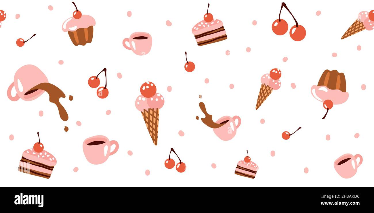 Seamless pattern with sweets, ice cream, mug with coffee, cake on a white background. Festive pattern for birthday, bakery, children s holiday. Cute c Stock Vector