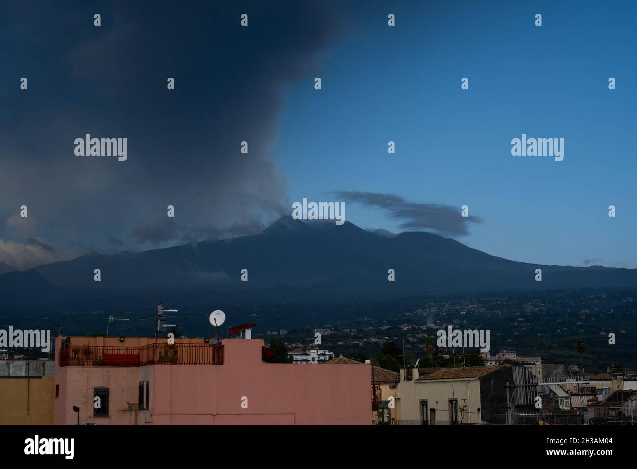 Riposto, Sicily, Italy 20 July 2021 Etna eruption, volcanic smoke
