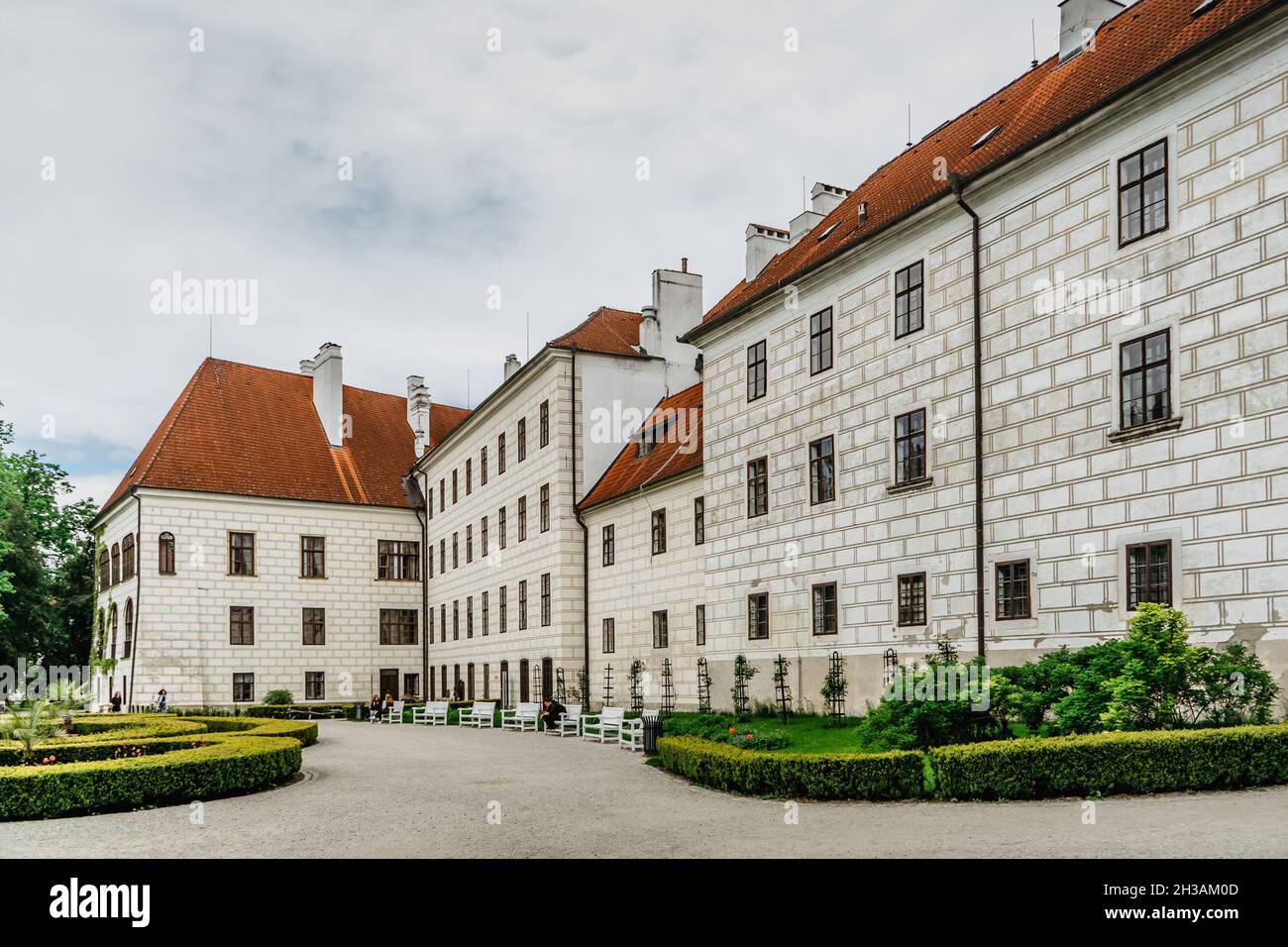 Trebon, Czech Republic.Renaissance chateau with baroque fountain surrounded by magnificent English style park.Castle in popular spa town,South Bohemia Stock Photo