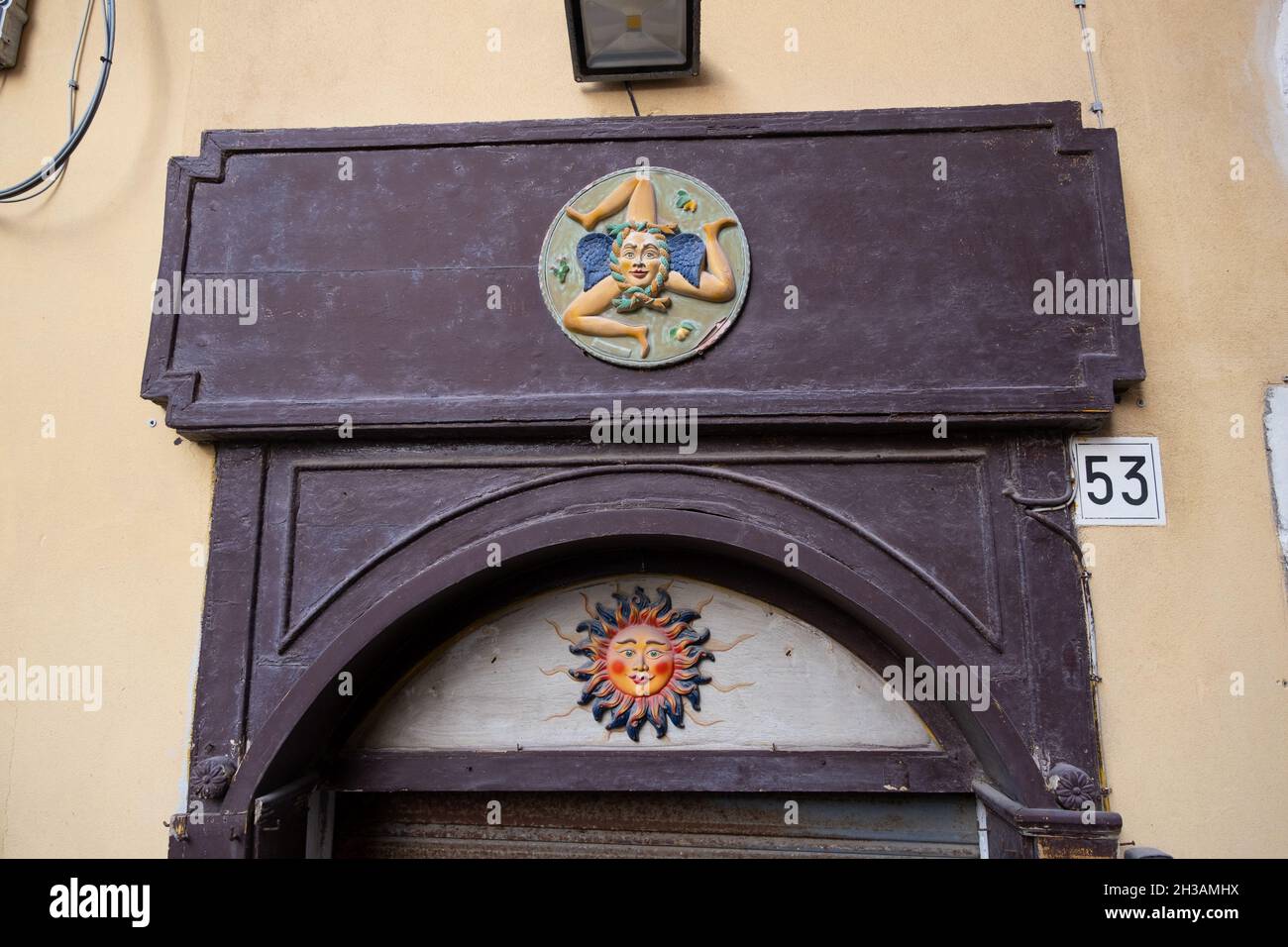 Ortigia, Syracuse, Sicily 15 July 2020 Trinacria, symbol of Sicily