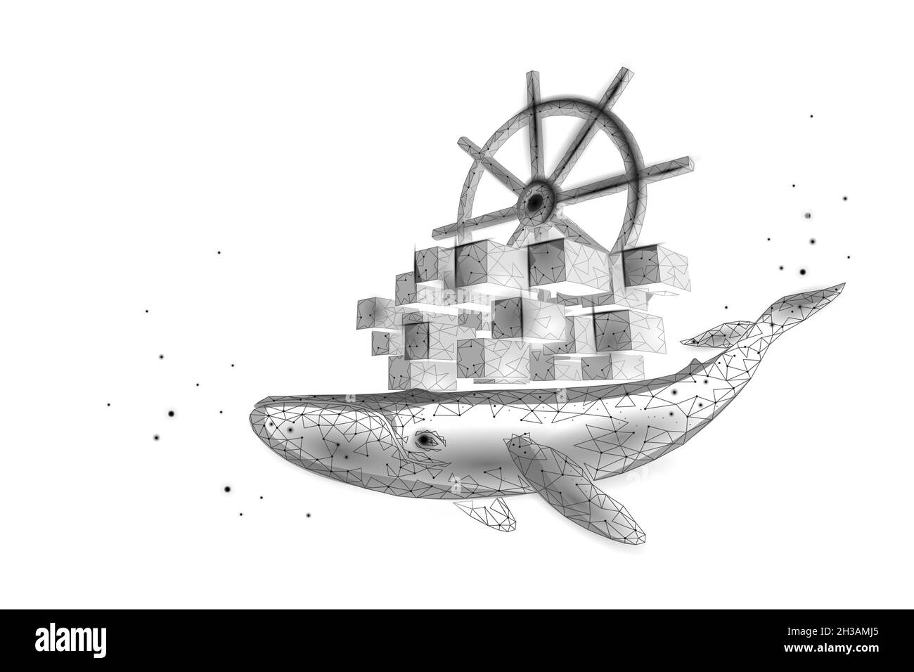 Whale and container computer docker developer app concept. Business digital open source program. Data coding steering 3D low polygonal vector line Stock Vector