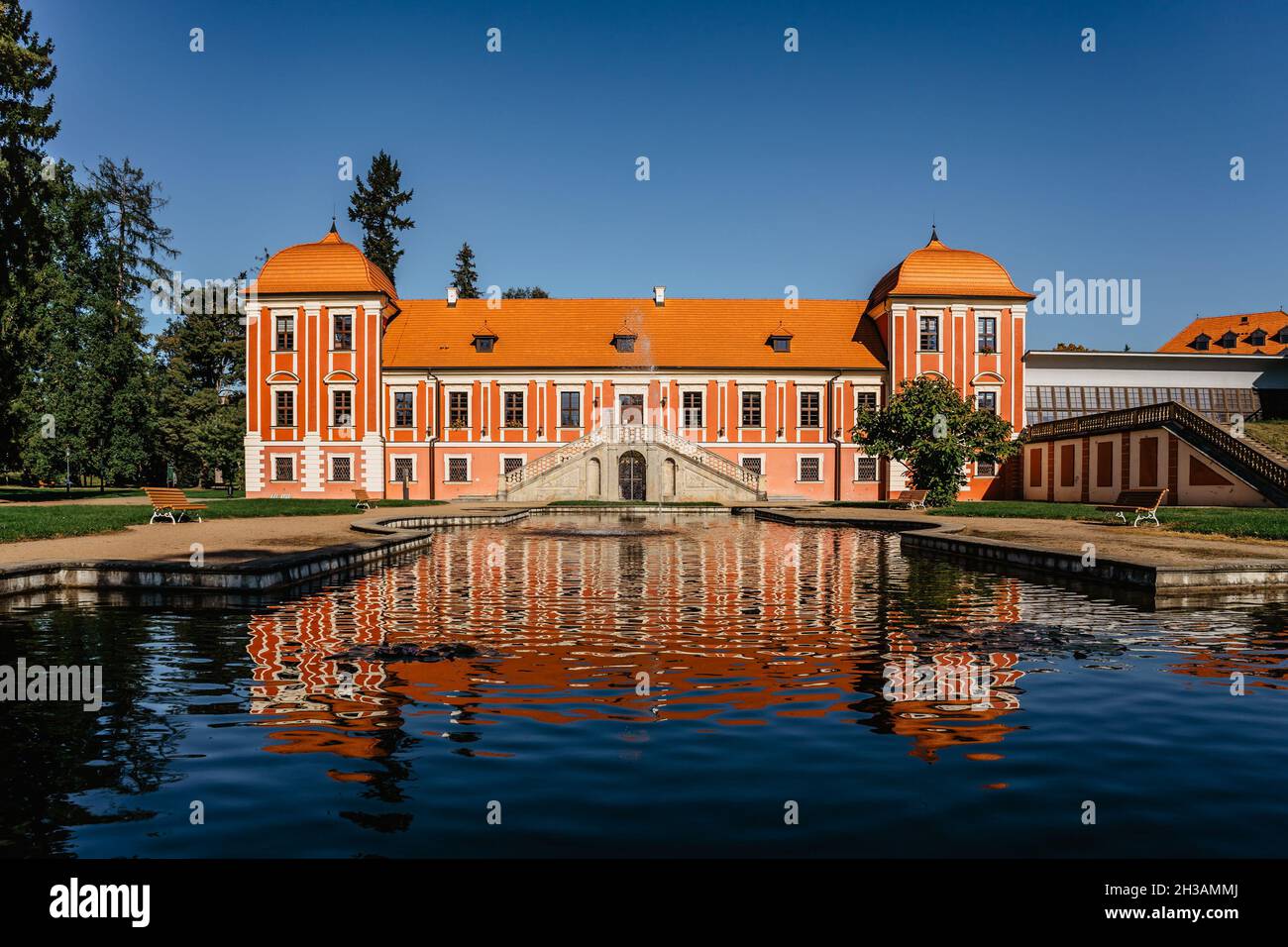 Ostrov,Czech Republic.Chateau built in Baroque style surrounded by beautiful park with fountains,ponds and artificial rocks.Sightseeing tour Stock Photo