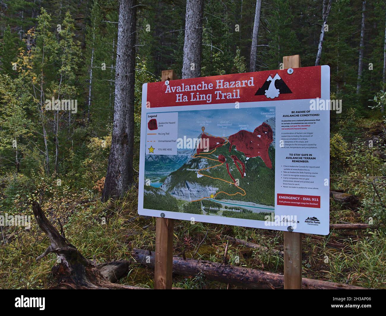 Warning sign (avalanche hazard) with map and red markings near Ha Ling Peak trailhead in the Canadian Rocky Mountains near Canmore surrounded by trees. Stock Photo