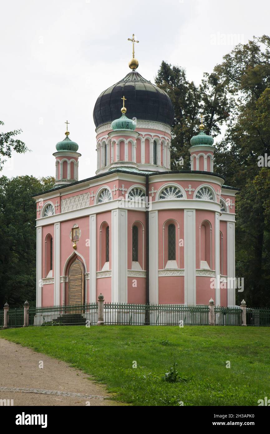 Alexander Nevsky Memorial Church (Alexander-Newski-Gedächtniskirche) on Kapellenberg Hill near the Russian Colony Alexandrowka (Russische Kolonie Alexandrowka) in Potsdam, Germany. The Russian church designed by Russian architect Vasily Stasov in Byzantine Revival style was completed in 1829. Stock Photo