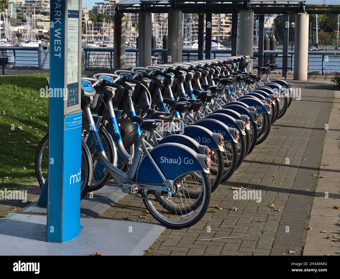 View bicycles in a row at Mobi bike share station in West David Lam Park, False Creek, operated by Vancouver Bike Share Inc. with Shaw Go advert. Stock Photo