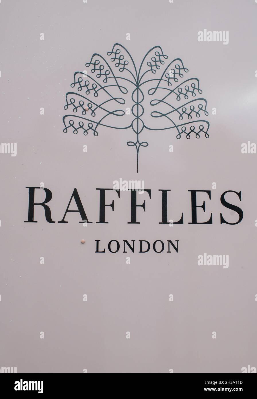 Sign on construction site of Raffles Hotel, London, the luxury brand coming to Whitehall, England Stock Photo