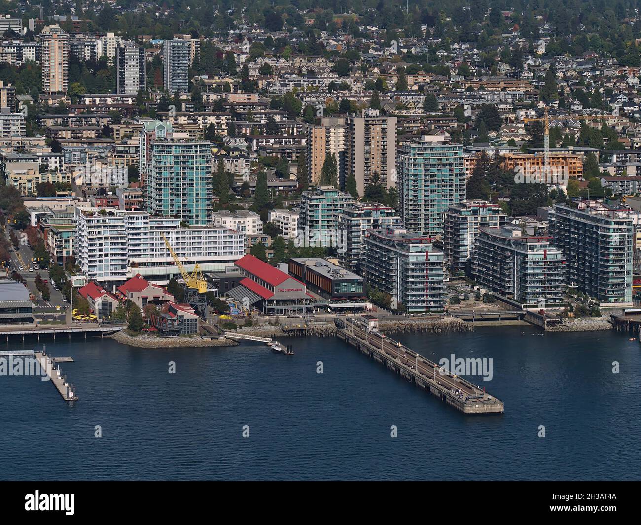 Aerial view of North Vancouver, located on the shore of Burrard Inlet