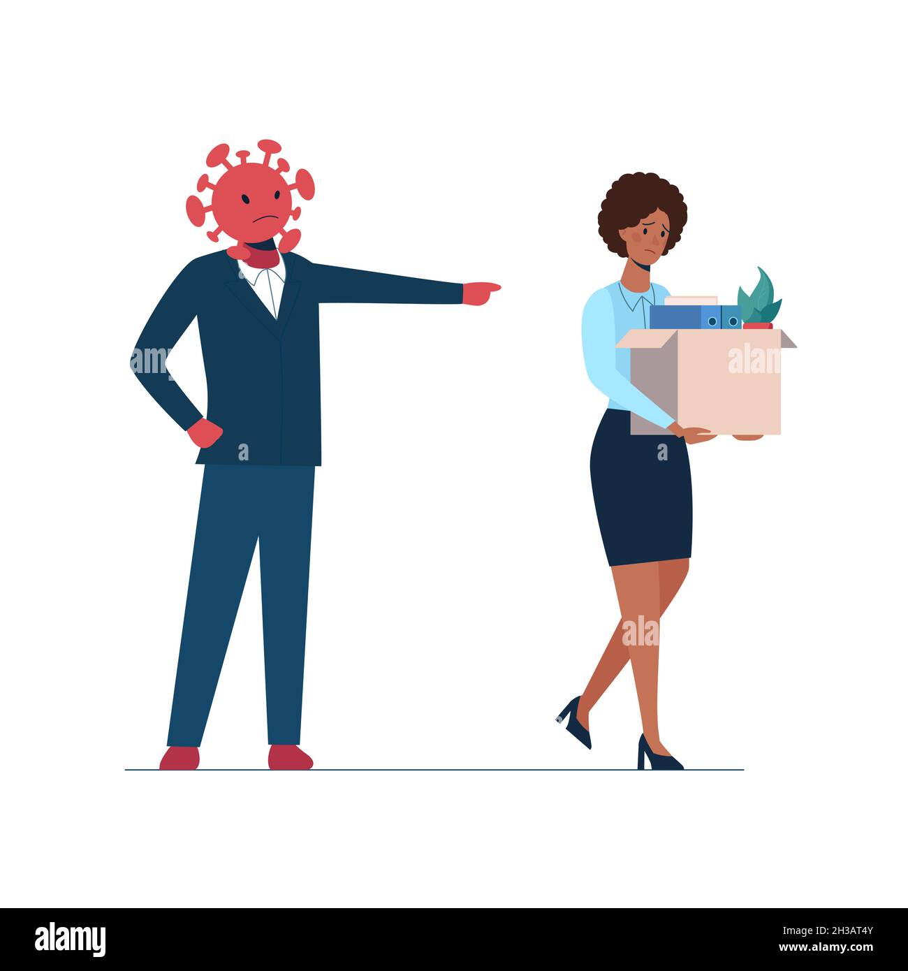 Job loss due to covid-19 virus, economic downturn. The coronavirus leaves people unemployed. A fired African woman leave the office with a box in their hands. Vector. Dismissed employeest Stock Vector
