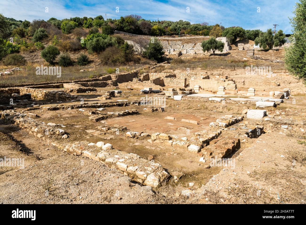 Ruins of the Peristyle House at Metropolis ancient site in Izmir province of Turkey. The large square-planned yard in the middle was covered with marb Stock Photo