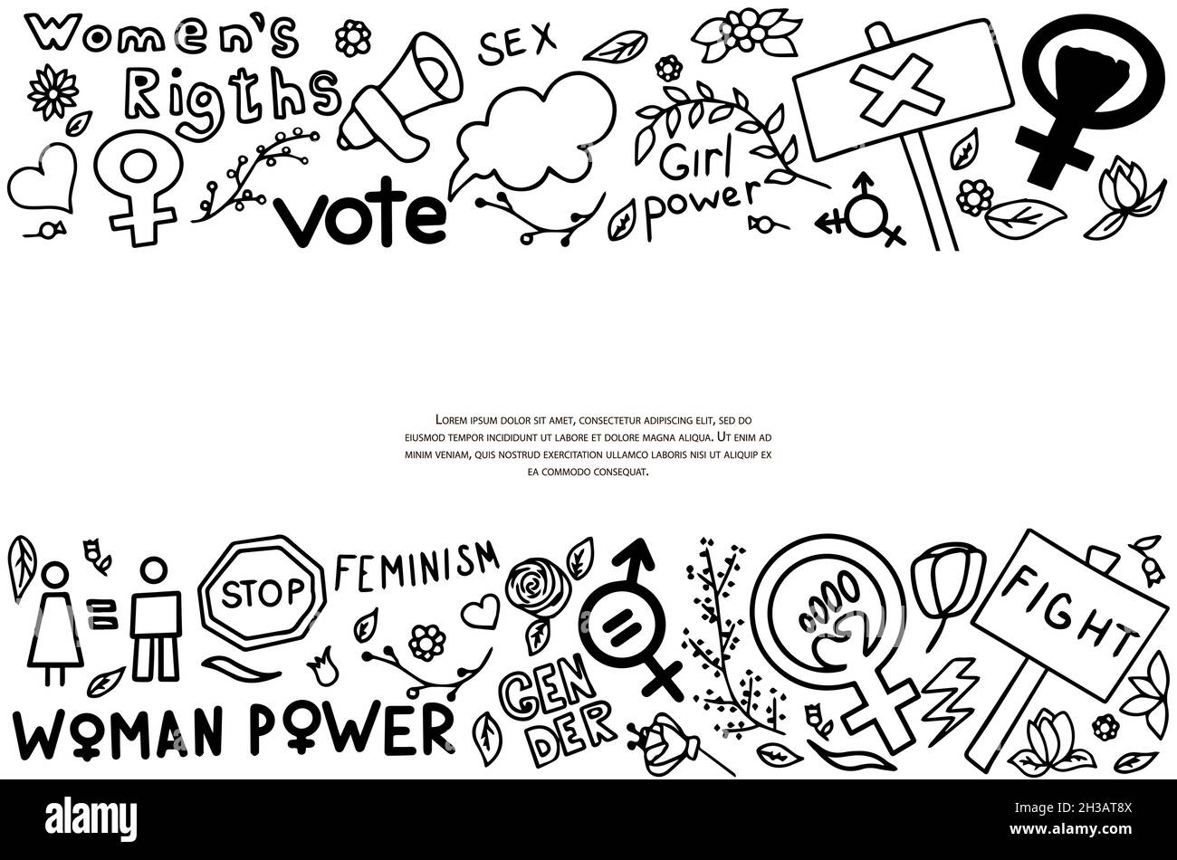 A set of doodle signs of feminism, women s rights. Grunge hand drawn vector icons of Feminism protest symbol isolated on transparency background. A Stock Vector