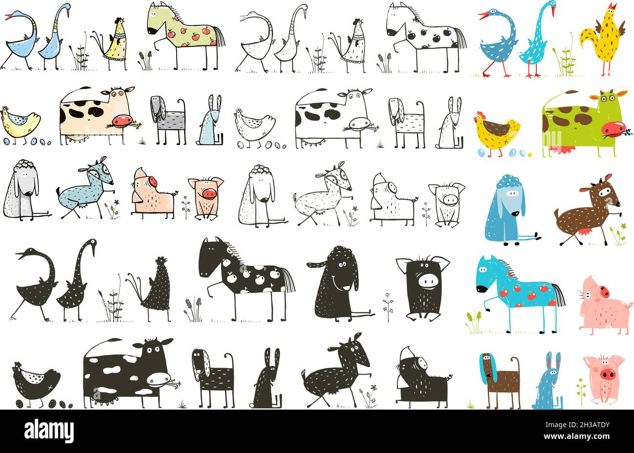 Farm Domestic Animals Collection for Kids Outline Stock Vector