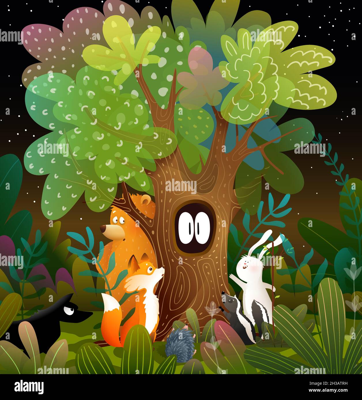 Animals in Dark Spooky Forest Fairytale Cartoon Stock Vector