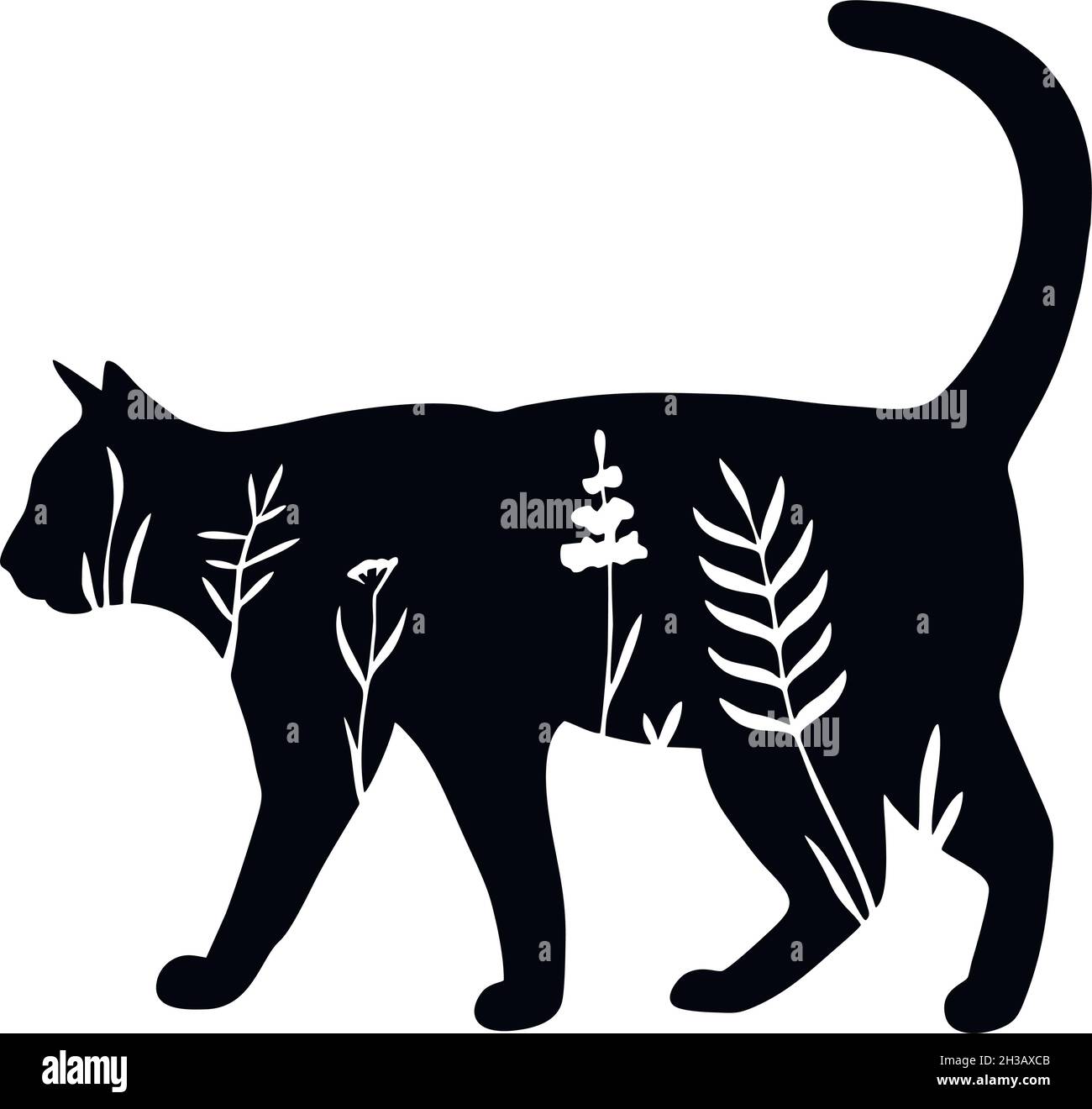 Cat - stencil with floral design - floral animal vector silhouette