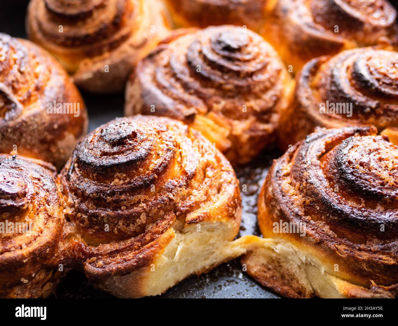 many homemade fresh baked cinnamon rolls close up Stock Photo