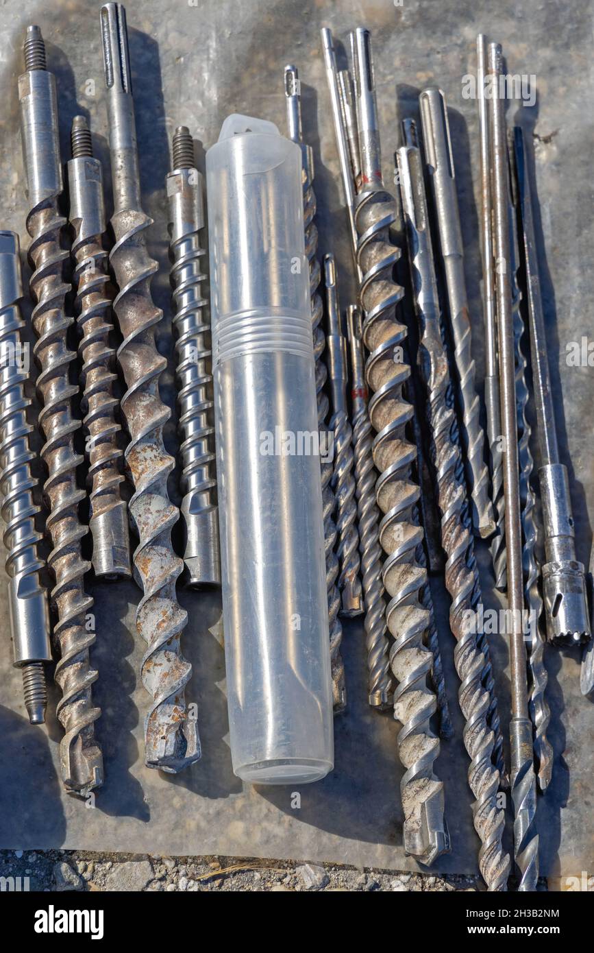 Long Drill Bits for Commercial Construction Site Stock Photo