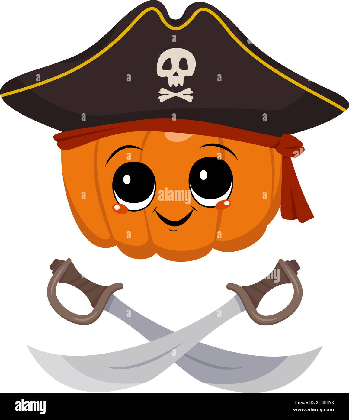 Cute pumpkin character with happy emotions, face, big eyes and wide smile in captain cocked hat and crossed sabers. Halloween party decoration. Mischievous Vegetable Hero Stock Vector