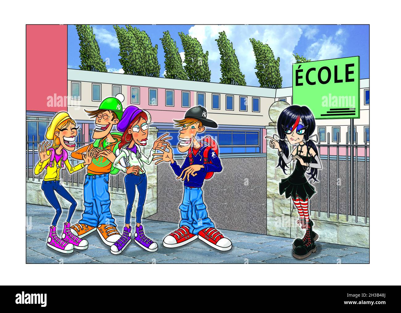 Mixed-media art illustration Goth girl + casually dressed teenagers outside schools/educational establishments in France. New kid in school, in-crowd. Stock Photo