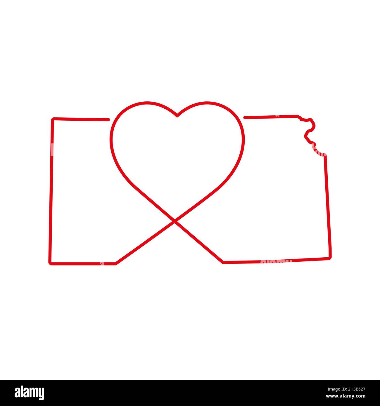 Kansas US state red outline map with the handwritten heart shape ...