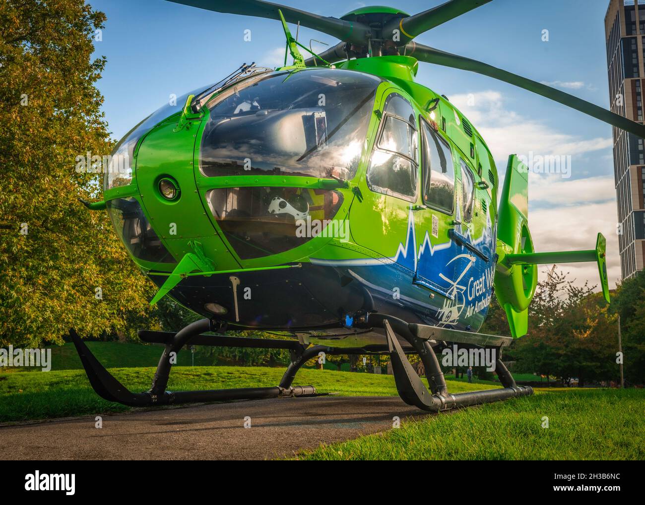 Great Western Air Ambulance Eurocopter EC135 in Castle Park, Bristol whilst the crew attended a medical emergency nearby. Stock Photo